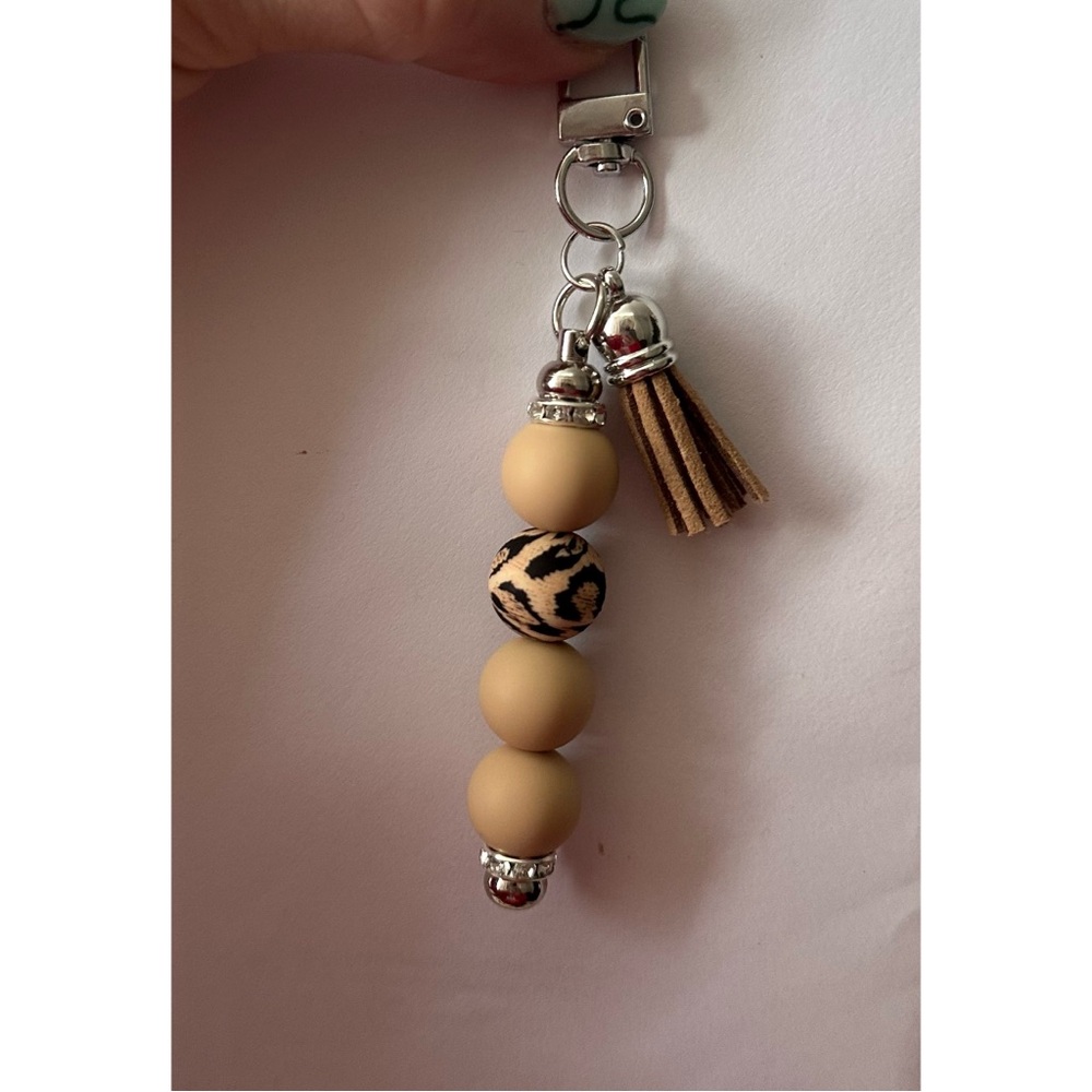 Leopard Print and Tan Beaded Keychain